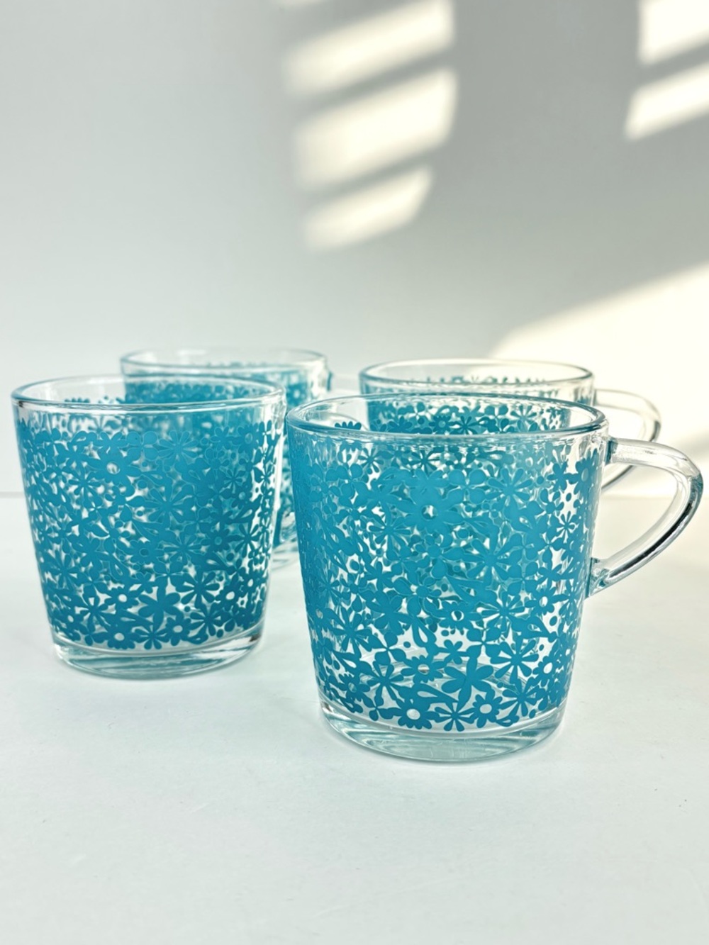 Vintage IKEA Godta glass mugs turquoise floral set (4) France 18314